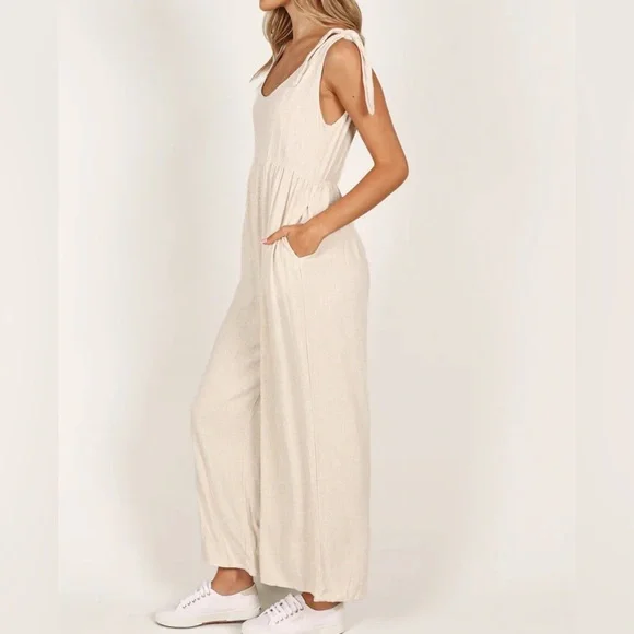 Petal & Pup Ayla Linen Jumpsuit Oatmeal - Picture 5 of 11